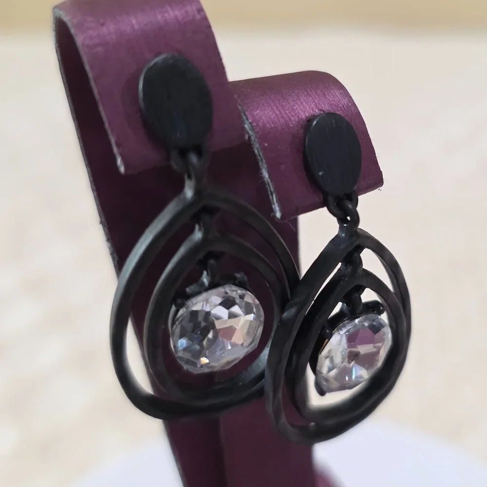 Matte Black Metal Two Teardrop Large Center Rhinestone Dangle Pierced Earrings